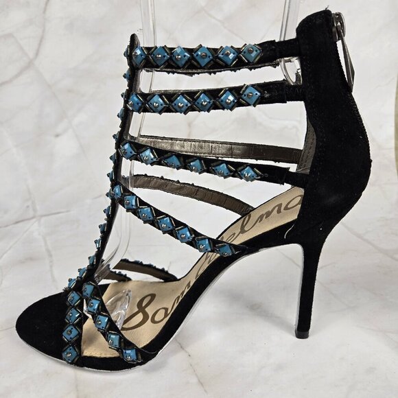 Sam Edelman Sz 8M Alina Black Turquoise Strappy Leather High Heels Zip Back NWOT - Picture 9 of 16